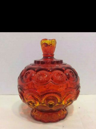 L E Smith Moon And Star Amberina Covered Candy Dish Compote 5204