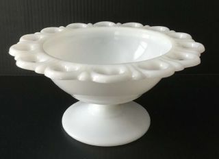 Vintage White Milk Glass Lace Edge Pedestal Footed Candy Dish Compote Bowl.  K