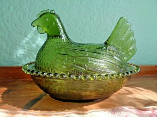 Vintage Green Indiana Glass Co.  Hen On Nest Covered Candy Dish