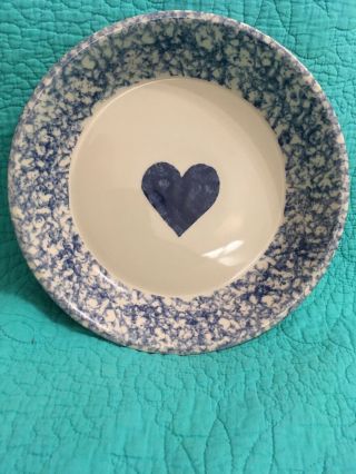 Vintage Roseville Pottery Blue Spongeware 9.  5” Pie Plate W/blue Heart In Center
