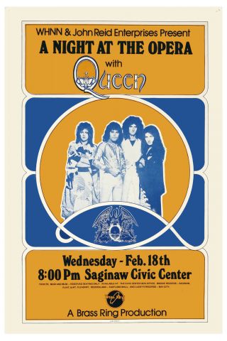 Freddie Mercury: Queen Night At The Opera Saginaw Concert Poster 1976 12x18