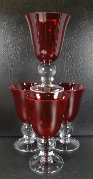 Ruby Red Bell Top Clear Ball Stem Set Of 4 Wine Water Goblets