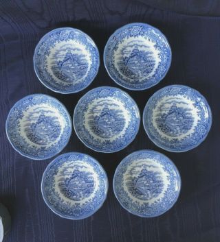 Salem China English Village Set Of Seven 7 Coupe Cereal Bowls Blue White