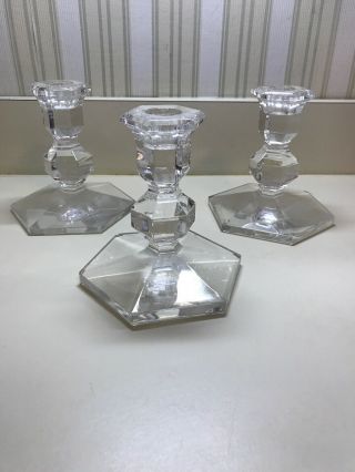 Val St Lambert Signed Set Of 3 Crystal Candlestick Candle Holders Gardenia