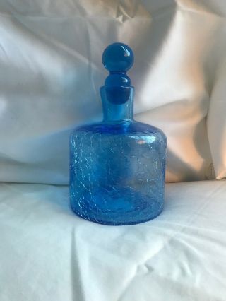 Vintage Blue Crackle Glass Decanter With Stopper Round Art Vase Handblown Blenko