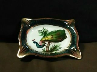 Lovely Vtg.  H Bequet Porcelain Hand Painted Peacock Gold Accent Ashtray,  Belgium