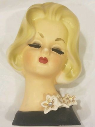 Euc Vintage Napcoware Blonde Woman Lady Head Vase Black Dress Rhinestone Flowers