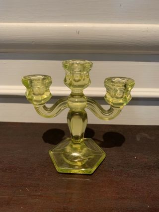 1920s Canary Vaseline Uranium Glass Candlestick Holder