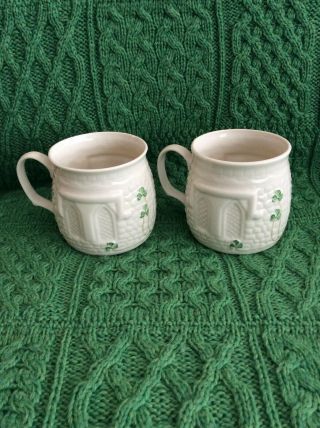 Belleek Pottery Set Of 2 Mugs,  Fine Parian China,  Embossed " Church Windows "