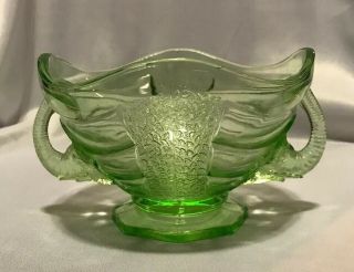Vintage Rare Green Depression Glass Bowl With Elephant Trunk Handles - Posey Vase