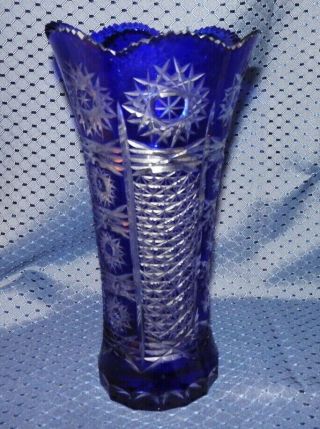 Vase Bohemian Czech Cobalt Blue Cut To Clear Glass