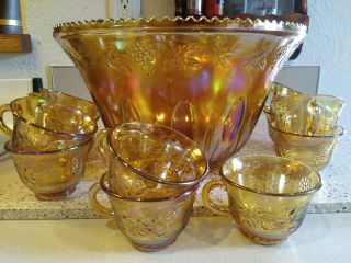 Vintage Amber Carnival Glass Punch Bowl And 11 Cups