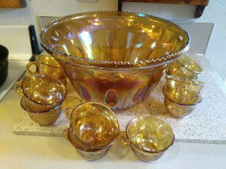 Vintage Amber Carnival Glass Punch Bowl And 11 Cups 2