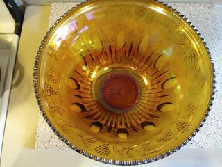 Vintage Amber Carnival Glass Punch Bowl And 11 Cups 3