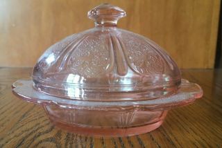 Vintage Pink Depression Glass Covered Candy Dish,  Round