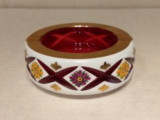 Bohemian Czech Cased White Cut Milk Cranberry Art Glass Ashtray Gold Rim Flowers