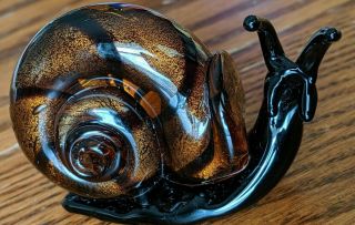 Snail,  Art Glass,  Blown Murano Style,  Miniature,  Mica Flakes 2 ¾” Long
