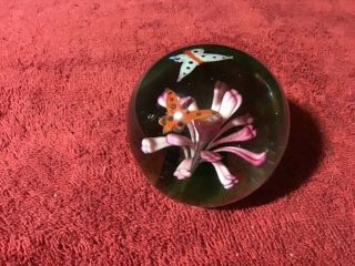 Vintage Hand Blown Glass Paperweight Purple Flower With Two Butterflies