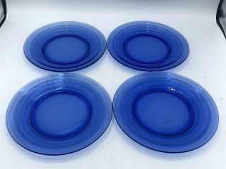 Set Of 4 Vintage Hazel Atlas Cobalt Blue Glass Moderntone 8 " Luncheon Plates