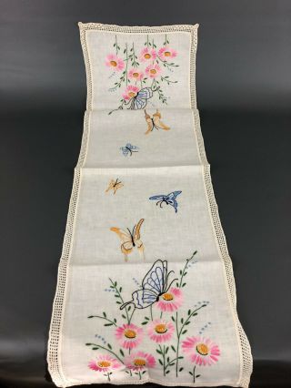 Vintage Hand Embroidered Dresser Scarf,  Butterflies & Daisies On Linen? 1930s