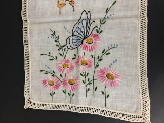 vintage hand embroidered dresser scarf,  butterflies & daisies on linen? 1930s 2