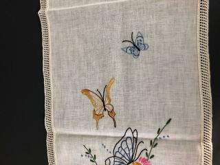vintage hand embroidered dresser scarf,  butterflies & daisies on linen? 1930s 3