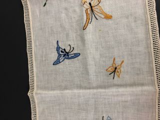 vintage hand embroidered dresser scarf,  butterflies & daisies on linen? 1930s 4