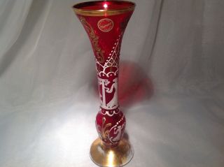 Rare Vintage Murano Vase Hand Painted Red White Table.  Centrepiece