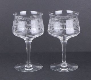 Set Of 2 Antique Tall Stem Wine Glasses Goblets Etched Crystal Tulips 6 " - 11 Oz