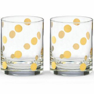 Kate Spade Lenox Pearl Place Double Old Fashioned Set 2 Glasses Gold Polka Dot