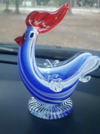 Hand Blown Art Glass Rooster Chicken Red Blue And White Bird Figurine