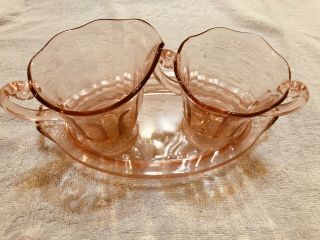 Pink Depression Glass Creamer And Sugar With Plate 3 Piece Set