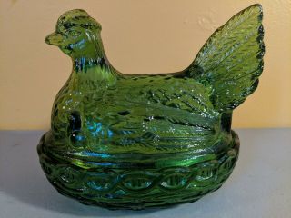 Vintage Lg Wright Green Glass Chicken Hen On Nest Covered Dish