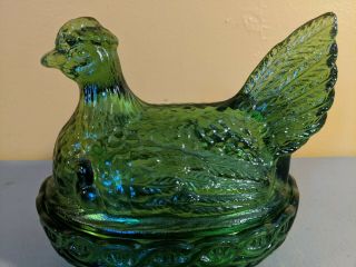 VINTAGE LG WRIGHT GREEN GLASS CHICKEN HEN ON NEST COVERED DISH 3