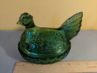 VINTAGE LG WRIGHT GREEN GLASS CHICKEN HEN ON NEST COVERED DISH 4