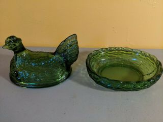 VINTAGE LG WRIGHT GREEN GLASS CHICKEN HEN ON NEST COVERED DISH 5