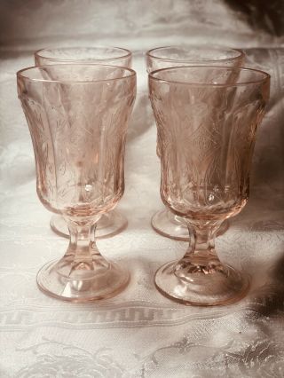 4 Vintage Federal Madrid Pink Depression Glass Footed Wine Water Glass
