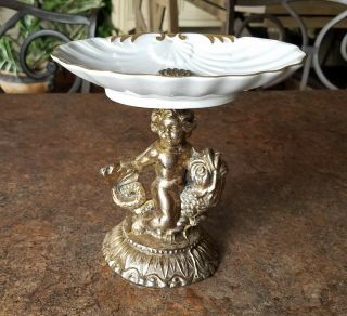 Vintage Brass Cast Cherub Riding Koi Fish W/porcelain Soap Dish