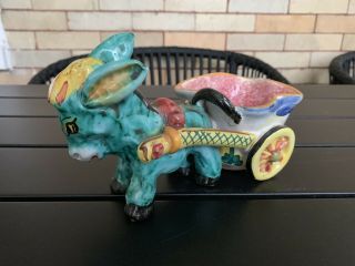 Vtg Ceramic Art Pottery Italy Donkey Mule Cart Planter