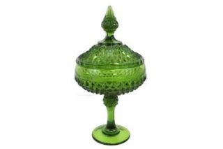 Vintage Green Cut Glass Lidded Pedestal Candy Dish Compote Diamond Pattern