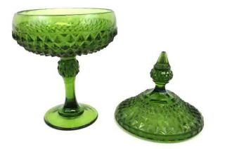 Vintage Green Cut Glass Lidded Pedestal Candy Dish Compote Diamond Pattern 2