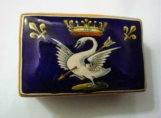 Antique Ulysse Blois & Emile Balon French Faience Trinket Box W/ Crown & Swan