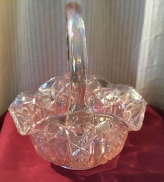 Vintage L E Smith Pink Carnival Iridescent Glass Basket