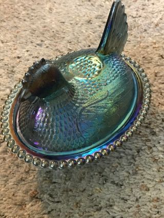 Indiana Glass Blue Iridescent Carnival Glass Chicken Hen On Nest Candy Dish
