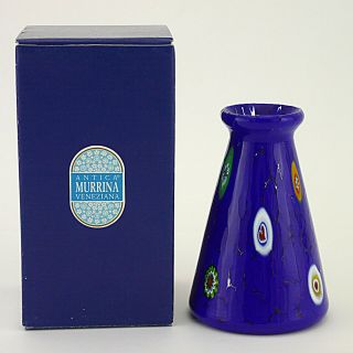 Antica Murrina Murano Millefiori Studio Glass Blue Vase - 12.  5cm/5 " Tall Bnib