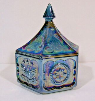 Indiana Glass Iridescent Blue Eagle Colonial Stars Candy Dish Americana Carnival
