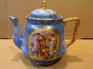 Victoria Carlsbad Hand Paint Kaufmann Teapot Blue Romantic Scene Antique