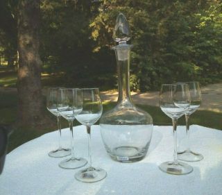 Vintage Toscany Hand Blown Crystal Wine Decanter And 5 Glasses Art Deco