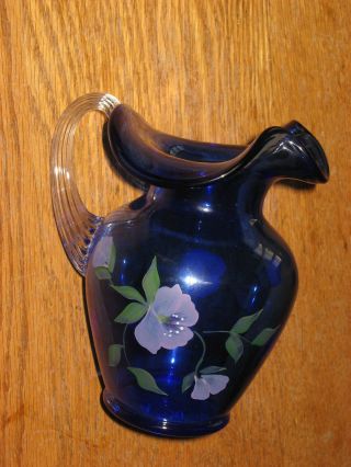 Vintage Hand Painted Fenton Pitcher/cobalt Blue Signed By Kitty Riley