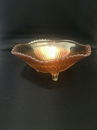 Vintage Marigold Carnival Glass Candy Dish 3 Footed Ruffled Edge